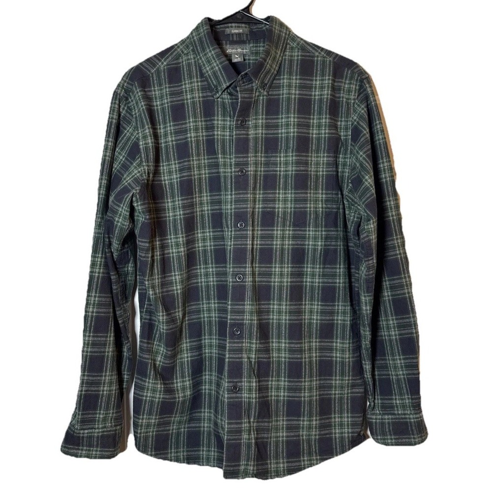 Eddie Bauer Mens Medium Plaid Flannel Shirt Classic Fit Green Blue Cotton Button
